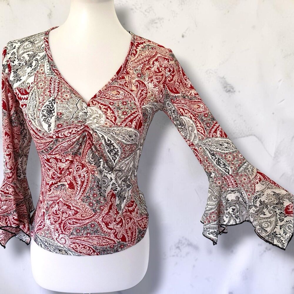 Vintage 90s Whimsigoth Paisley Flare Sleeve Blouse Fairycore Boho V-Neck Top L